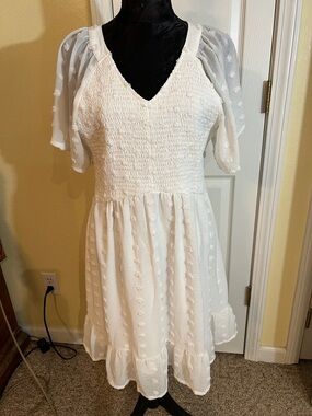 White Swiss Dot Smocked Midi Dress with Flutter Sleeves